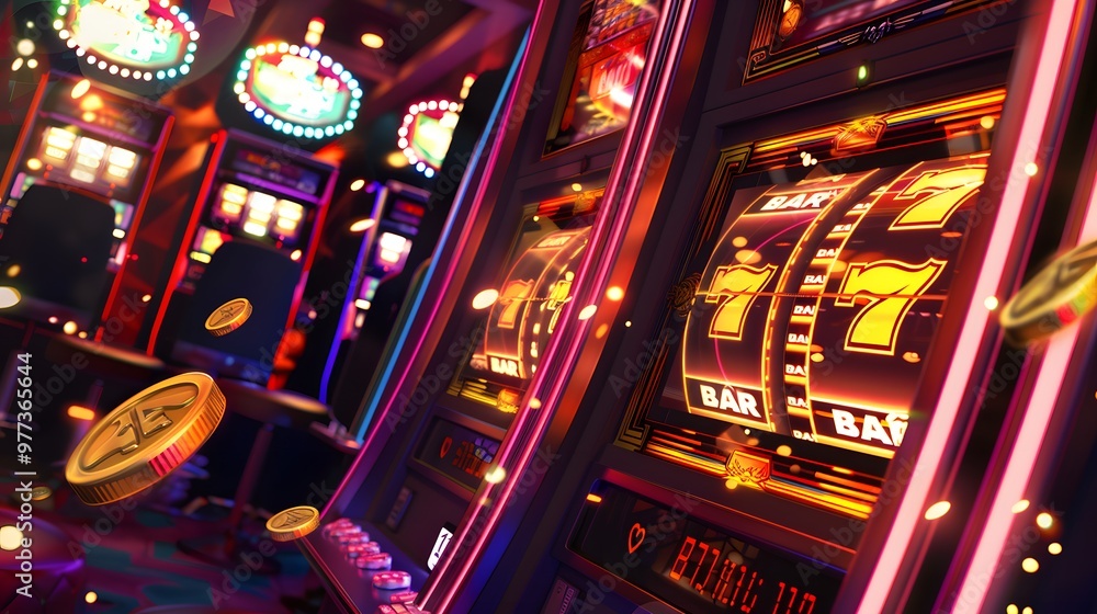 Slot Machine Jackpot: A slot machine displaying a winning combination, coins and lights celebrating the jackpot.
Slot Machine Jackpot: A slot machine displaying a winning combination, coins and lights celebrating the jackpot.