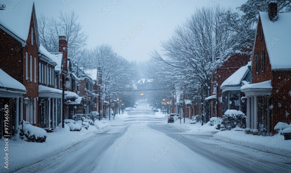 Fototapeta premium A snowy street with houses on either side