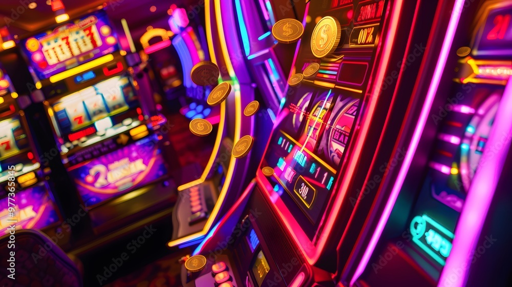 Slot Machine Jackpot: A slot machine displaying a winning combination, coins and lights celebrating the jackpot.
Slot Machine Jackpot: A slot machine displaying a winning combination, coins and lights celebrating the jackpot.