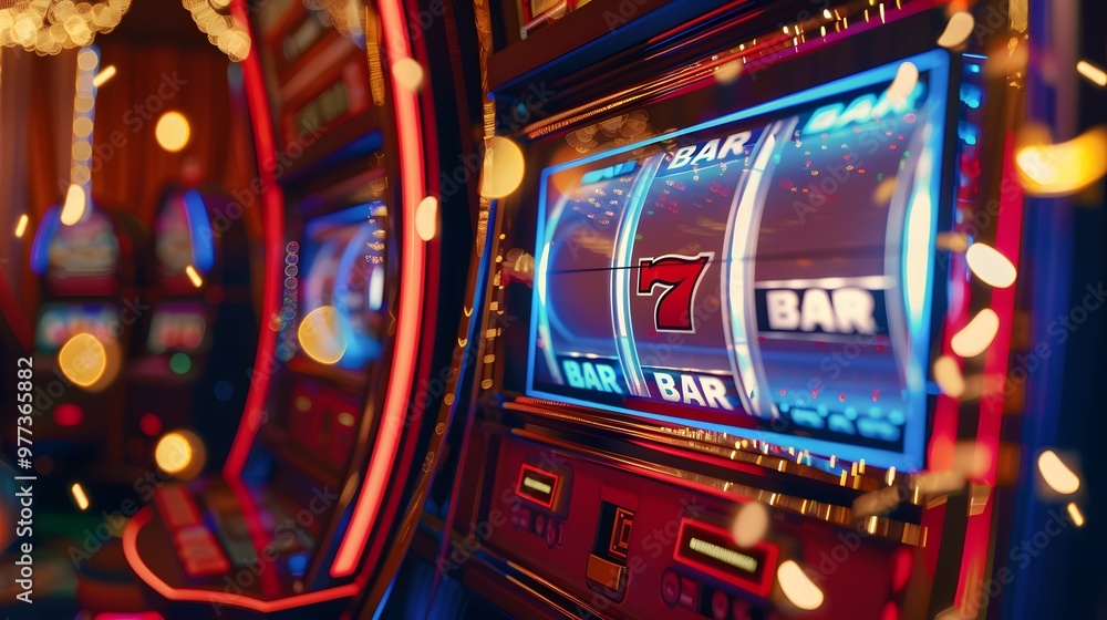 Slot Machine Jackpot: A slot machine displaying a winning combination, coins and lights celebrating the jackpot.
Slot Machine Jackpot: A slot machine displaying a winning combination, coins and lights celebrating the jackpot.