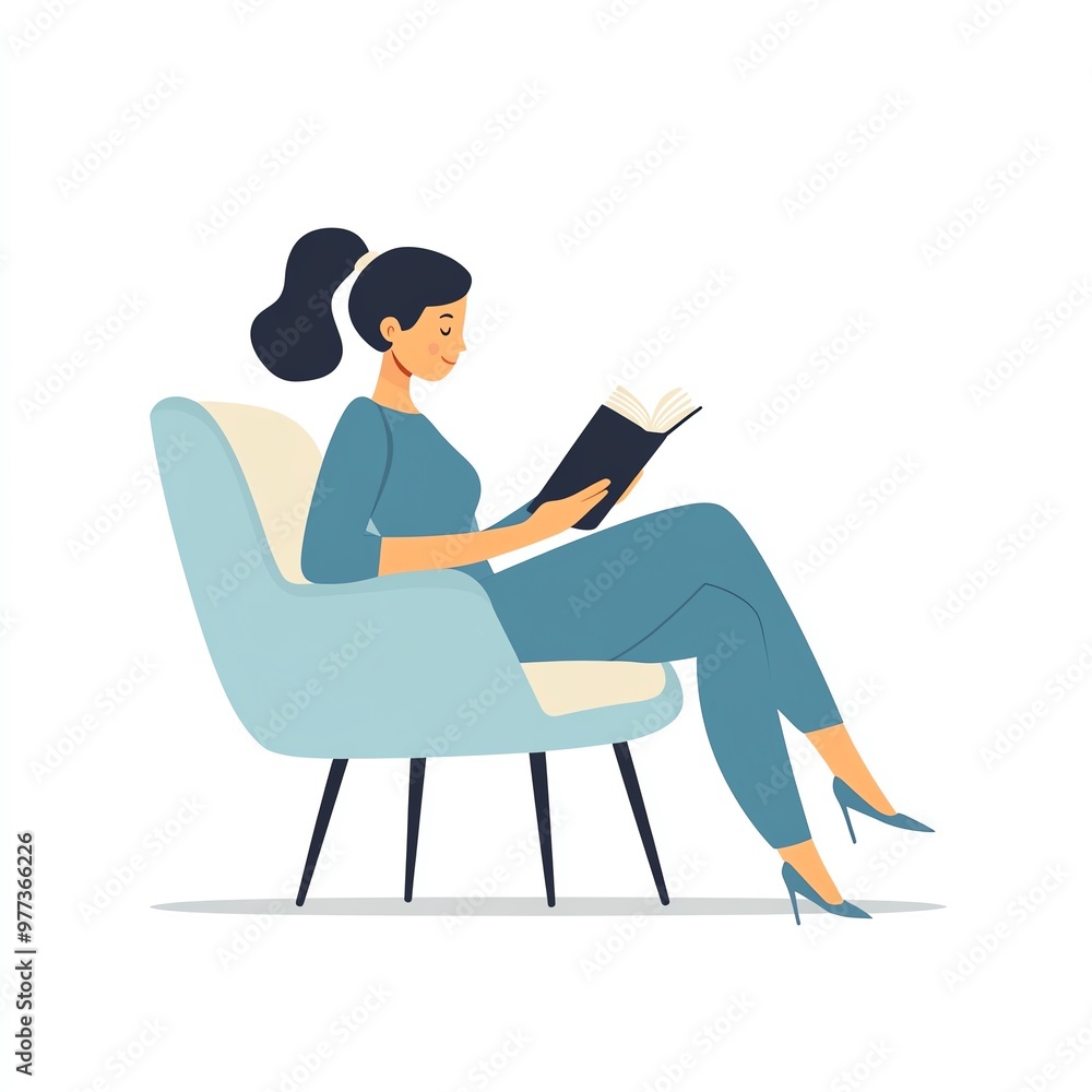 Illustration of a woman sitting in a modern chair, reading a book, showcasing relaxation Illustration of a woman sitting in a modern chair, reading a book, showcasing relaxation