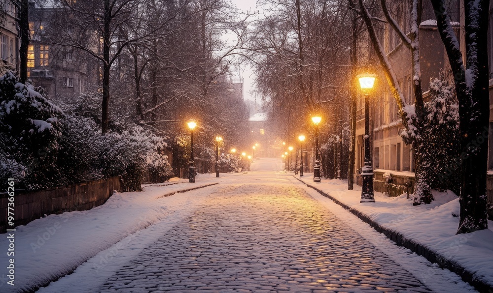 A snowy street with a cobblestone path and street lamps A snowy street with a cobblestone path and street lamps