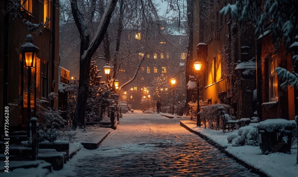 A snowy street with a cobblestone walkway and street lamps A snowy street with a cobblestone walkway and street lamps