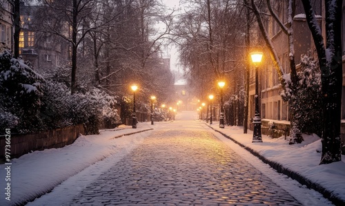 A snowy street with a cobblestone path and street lamps