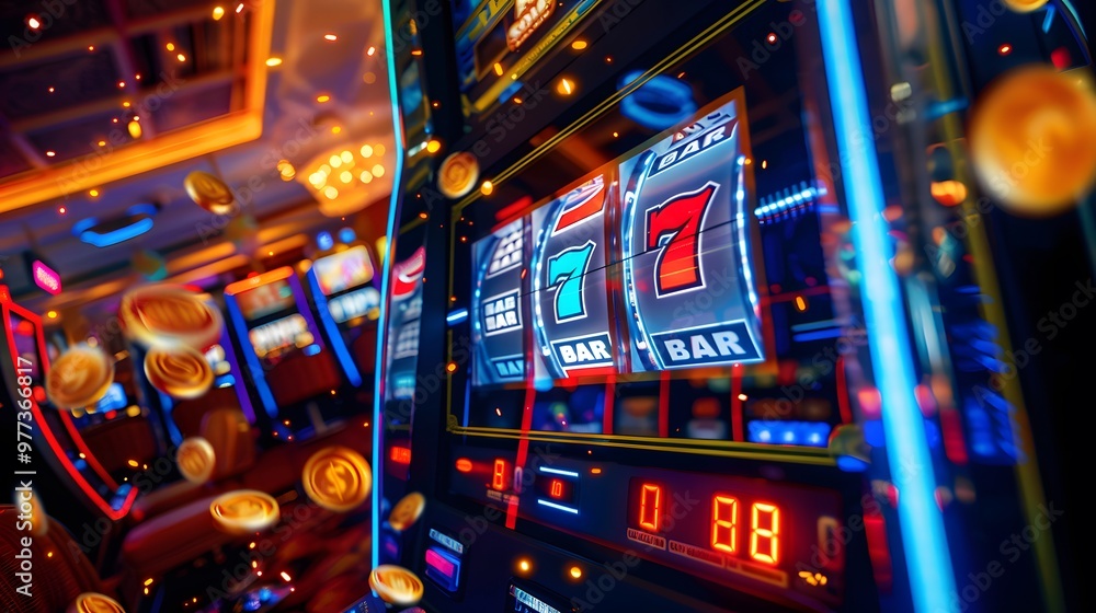 Slot Machine Jackpot: A slot machine displaying a winning combination, coins and lights celebrating the jackpot.
Slot Machine Jackpot: A slot machine displaying a winning combination, coins and lights celebrating the jackpot.