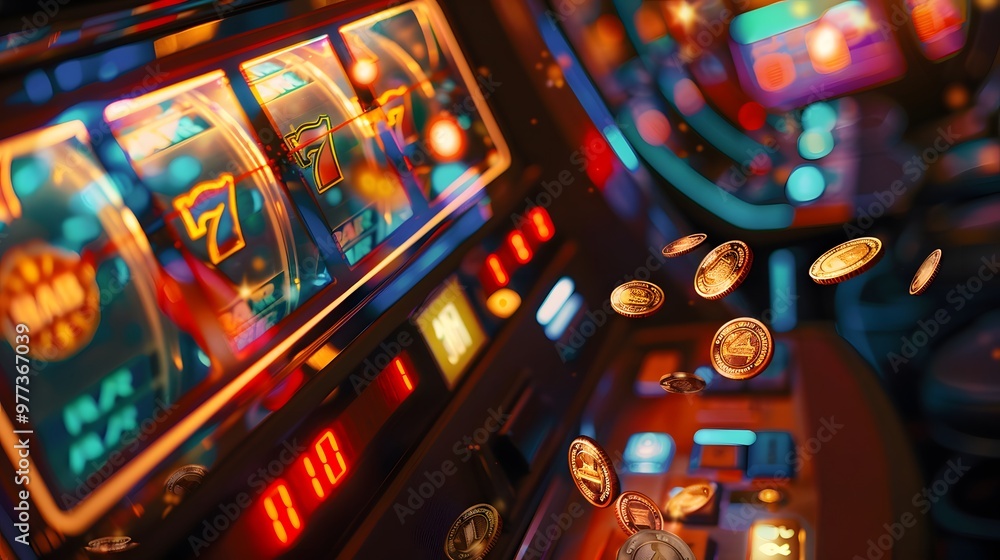 Slot Machine Jackpot: A slot machine displaying a winning combination, coins and lights celebrating the jackpot.
Slot Machine Jackpot: A slot machine displaying a winning combination, coins and lights celebrating the jackpot.