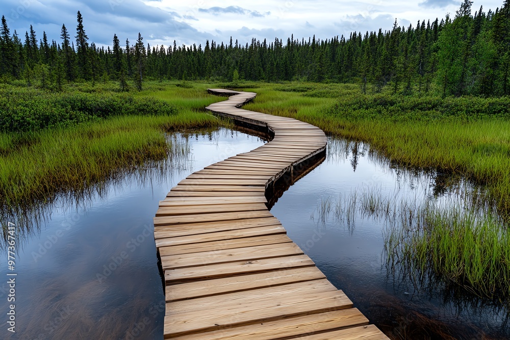 A peaceful walk through the Kemeri Bog, with wooden pathways winding through the wetlands and forests A peaceful walk through the Kemeri Bog, with wooden pathways winding through the wetlands and forests
