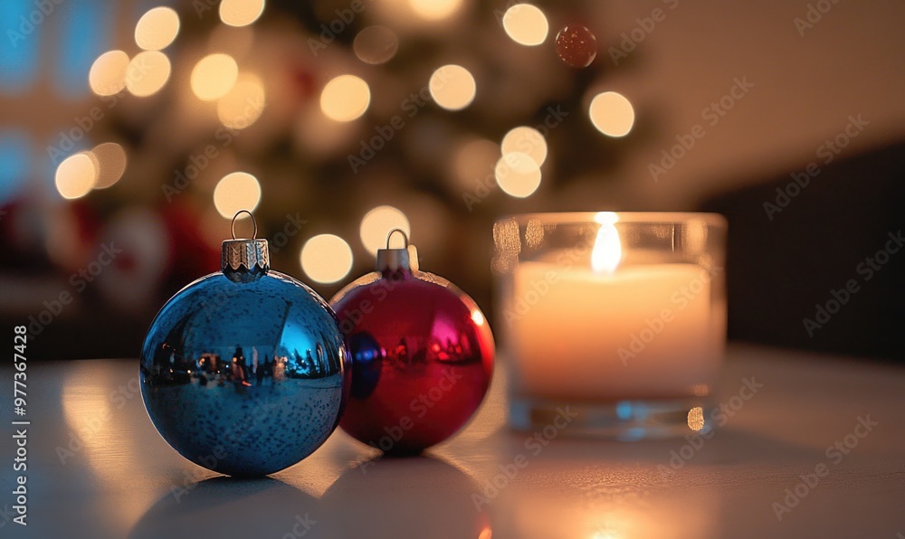 A blue and red ornament sits on a table next to a candle A blue and red ornament sits on a table next to a candle