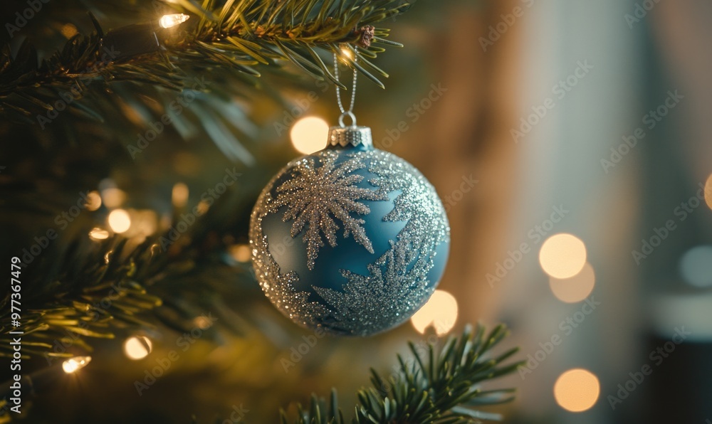 A blue ornament with snowflakes on it hangs on a Christmas tree A blue ornament with snowflakes on it hangs on a Christmas tree