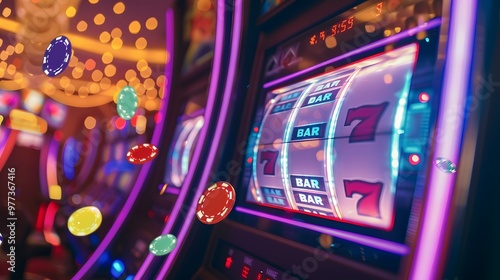 Slot Machine Jackpot: A slot machine displaying a winning combination, coins and lights celebrating the jackpot.