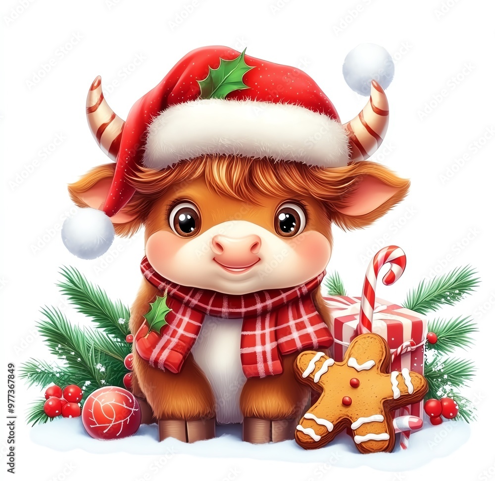 Festive cartoon cow with Santa hat, scarf, and gingerbread man, ready for Christmas celebration. Perfect for holiday-themed designs. Festive cartoon cow with Santa hat, scarf, and gingerbread man, ready for Christmas celebration. Perfect for holiday-themed designs.