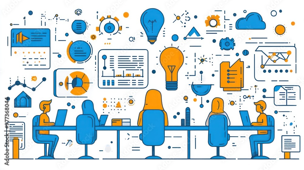 A group of people are sitting around a table with a lot of technology and ideas A group of people are sitting around a table with a lot of technology and ideas