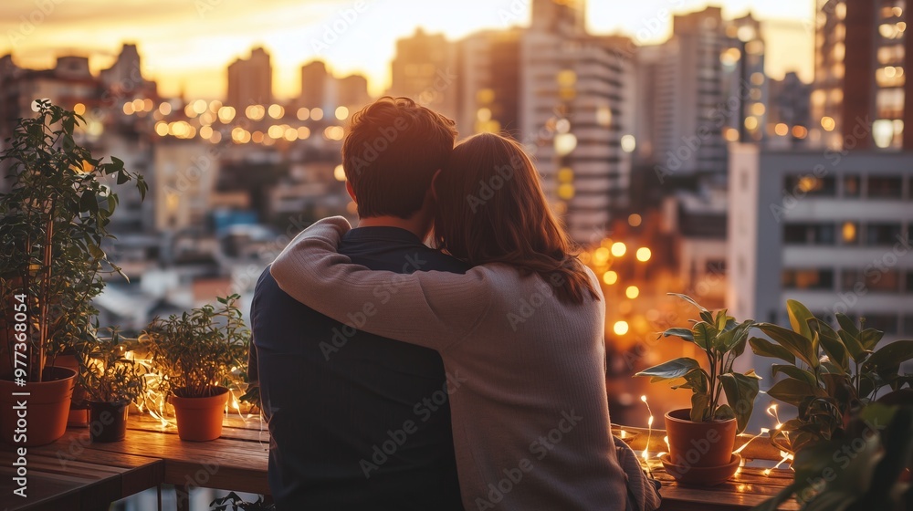 Fototapeta premium A couple enjoys a cozy moment on a terrace, captivated by a sunset city skyline and cups of coffee.