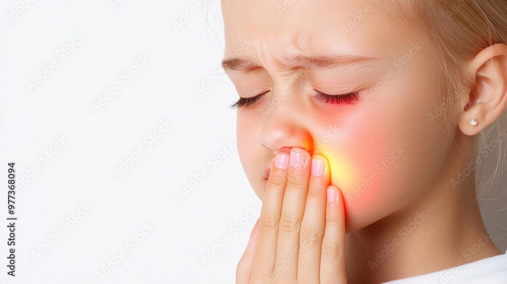 Young girl clutching her cheek in pain, dramatic lighting emphasizes the discomfort, isolated against a white background, painful toothache, health issue concept Young girl clutching her cheek in pain, dramatic lighting emphasizes the discomfort, isolated against a white background, painful toothache, health issue concept