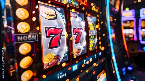 Slot Machine Jackpot: A slot machine displaying a winning combination, coins and lights celebrating the jackpot. 