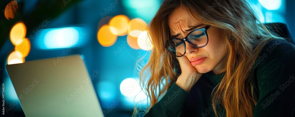 Young woman sitting in front of a laptop, wincing with a hand on her cheek, home office setting, toothache while working, remote discomfort Young woman sitting in front of a laptop, wincing with a hand on her cheek, home office setting, toothache while working, remote discomfort