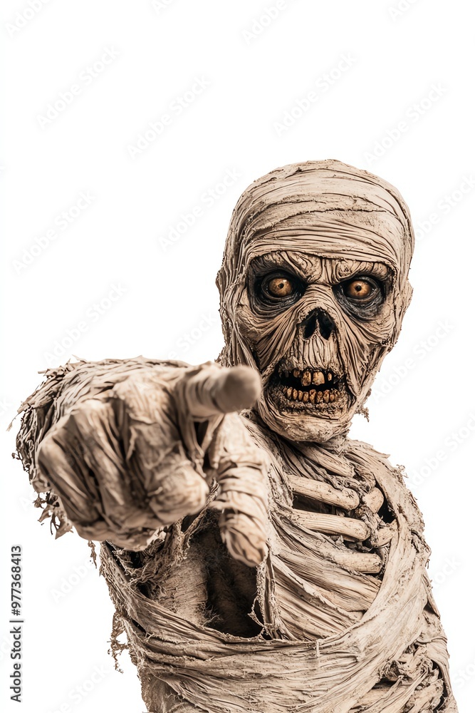 Close-up of a scary mummy pointing at the camera, wrapped in bandages, with a fierce look. Perfect for Halloween themes and horror concepts. Close-up of a scary mummy pointing at the camera, wrapped in bandages, with a fierce look. Perfect for Halloween themes and horror concepts.