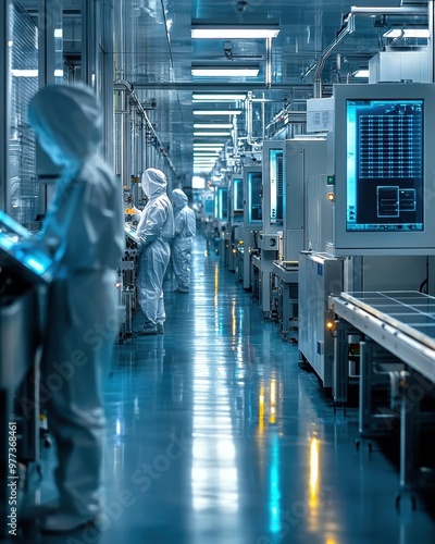 A group of people in white lab coats are working in a large industrial area