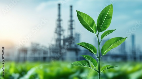 A leafy green plant is growing in a field next to a large industrial plant