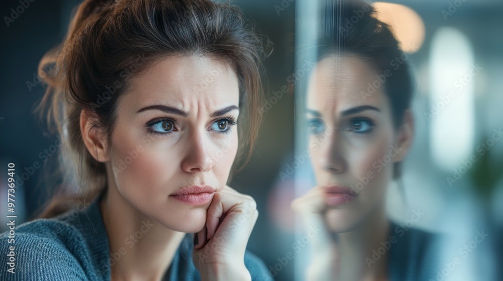 A thoughtful woman gazes at her reflection, deep in contemplation, conveying emotions of introspection and self-discovery. A thoughtful woman gazes at her reflection, deep in contemplation, conveying emotions of introspection and self-discovery.