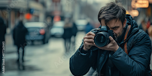 A man in the city, taking a photo with a camera, the picture is focused on the photographer, with the background blurred.