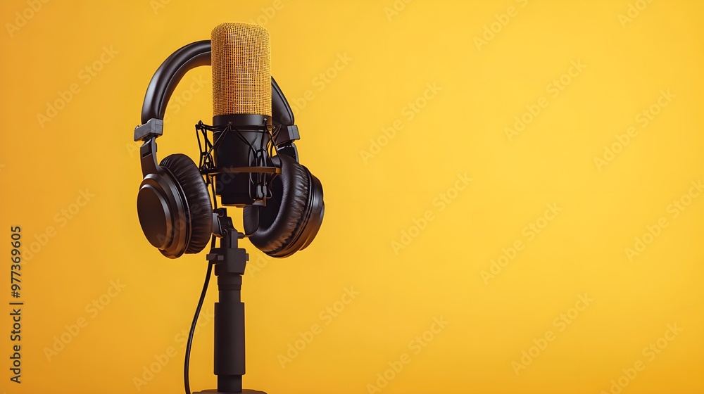 Professional Studio Microphone with Headphones on Vibrant Yellow Background