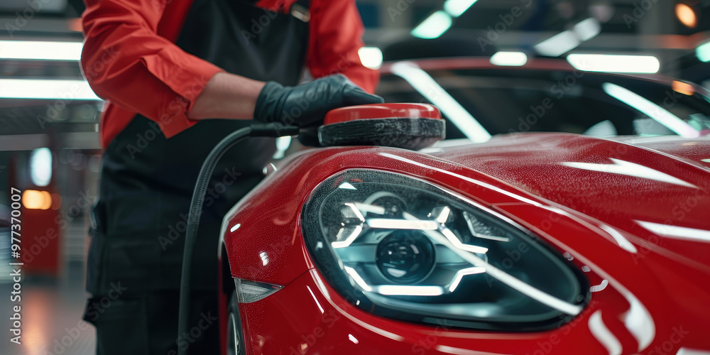 Professional car polisher providing expert detailing services in an auto shop during daytime Professional car polisher providing expert detailing services in an auto shop during daytime