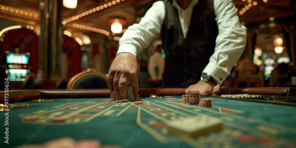 Professional croupier in a busy casino handling chips and managing gameplay during an evening gaming session