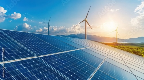 A solar farm with three wind turbines and a bright sun in the background