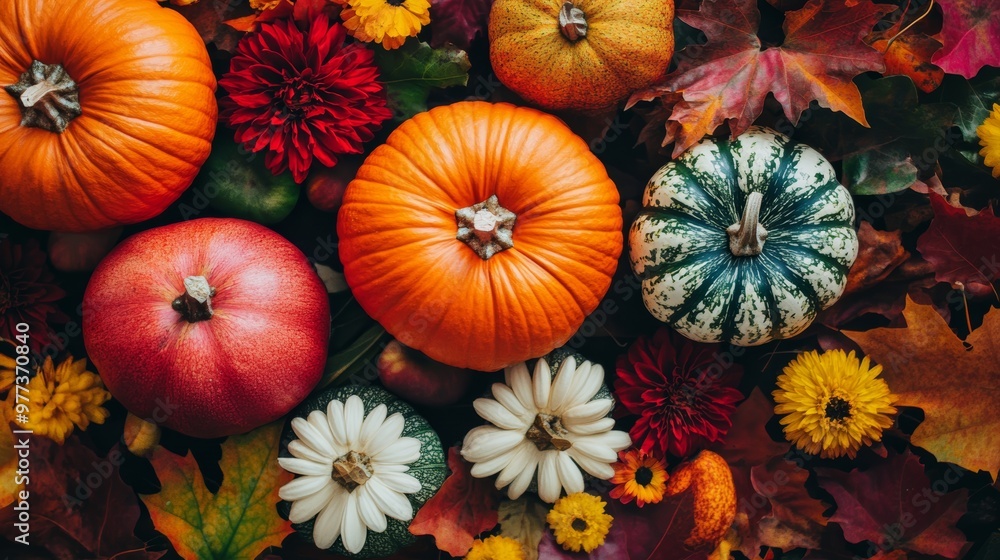 A vibrant arrangement of pumpkins and flowers, capturing the essence of autumn with warm colors and seasonal elements. A vibrant arrangement of pumpkins and flowers, capturing the essence of autumn with warm colors and seasonal elements.