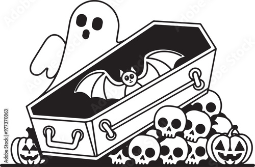 black and white halloween scene with ghost clip art preview