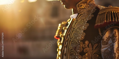 A professional matador displaying skill and tradition during a bullfighting event in a sunlit arena, showcasing dedication and artistry photo