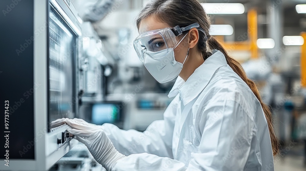 A woman in a lab coat is wearing a mask and gloves while working on a computer A woman in a lab coat is wearing a mask and gloves while working on a computer