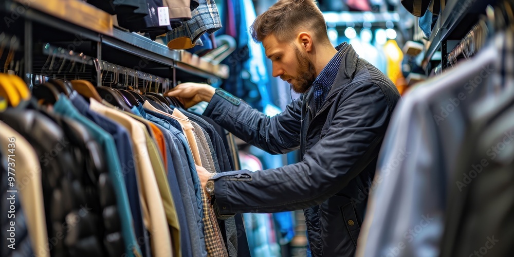 Professional merchandiser organizing clothing in a retail store during a busy shopping season Professional merchandiser organizing clothing in a retail store during a busy shopping season