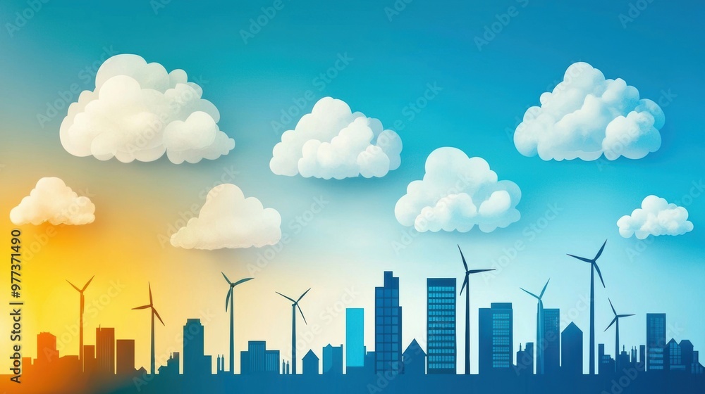 Fototapeta premium A city skyline with many wind turbines and a blue sky