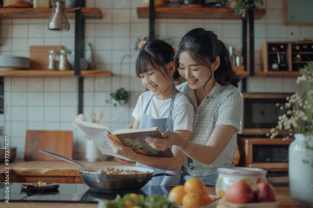 Asian mother and daughter are smiling happy helping to study recipes from books in a modern kitchen at home Asian mother and daughter are smiling happy helping to study recipes from books in a modern kitchen at home