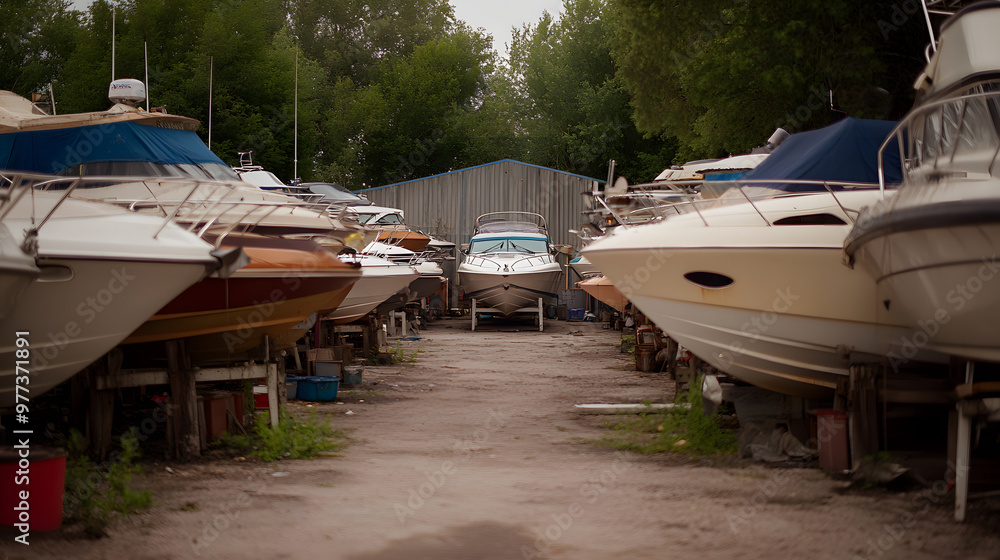 Fototapeta premium Boats on Stands in an Outdoor Yacht Garage, Vessel Maintenance and Storage