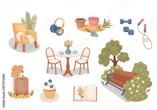 Cartoon set of elements on theme of various types of stress relievers. Collection of colored icons with sports equipment, cafe, suitcase, park. Vector illustration is suitable for sticker pack.