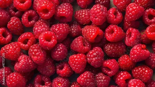 Close-up of fresh raspberries in a pile. Red fruit and healthy eating concept.