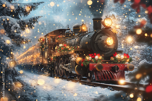 A festive steam train adorned with decorations travels through a snowy landscape. photo