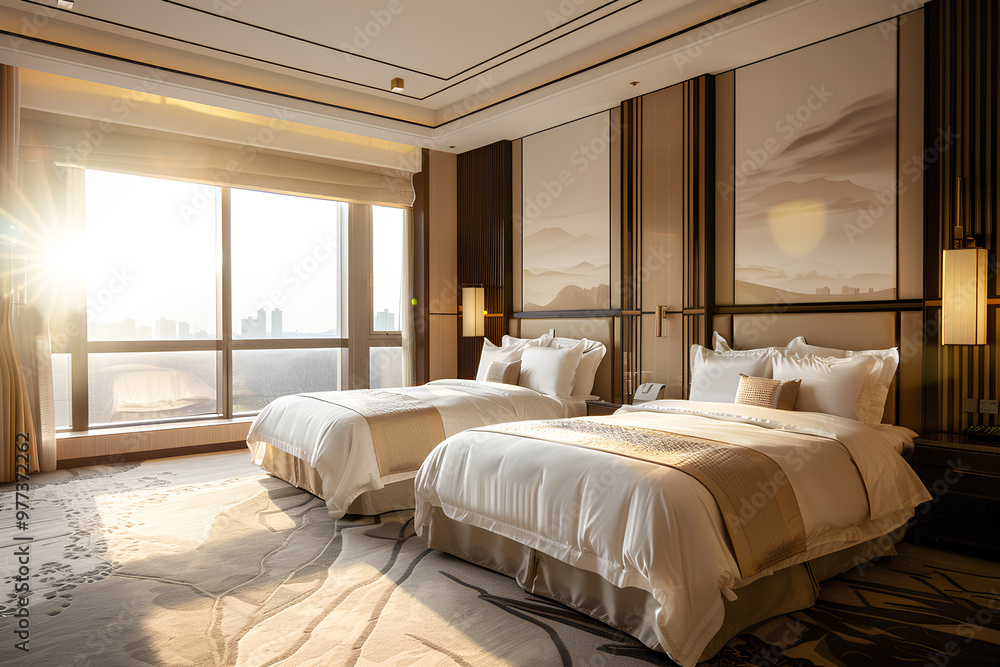 interior design of luxury hotel rooms, with two single beds and large windows, carpeted floors, beige walls, brown sofa chairs, modern lighting fixtures, Chinese style decoration interior design of luxury hotel rooms, with two single beds and large windows, carpeted floors, beige walls, brown sofa chairs, modern lighting fixtures, Chinese style decoration