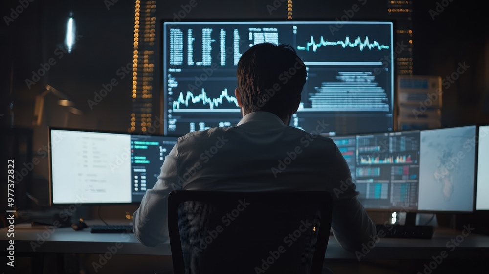 Close-up of a businessman working at a desk, analyzing a digital display with revenue charts and financial metrics, while office equipment in the background is blurred Close-up of a businessman working at a desk, analyzing a digital display with revenue charts and financial metrics, while office equipment in the background is blurred