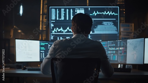 Close-up of a businessman working at a desk, analyzing a digital display with revenue charts and financial metrics, while office equipment in the background is blurred photo