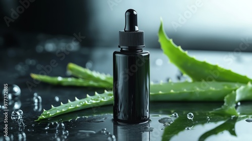 A sleek black dropper bottle resting on a reflective surface, surrounded by fresh aloe vera leaves, capturing beauty and wellness.