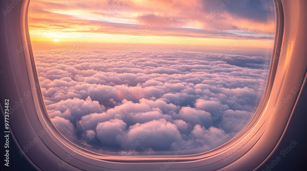 Aerial view of fluffy clouds from an airplane window, with a peaceful morning sky illuminated by the soft light of the rising sun Aerial view of fluffy clouds from an airplane window, with a peaceful morning sky illuminated by the soft light of the rising sun