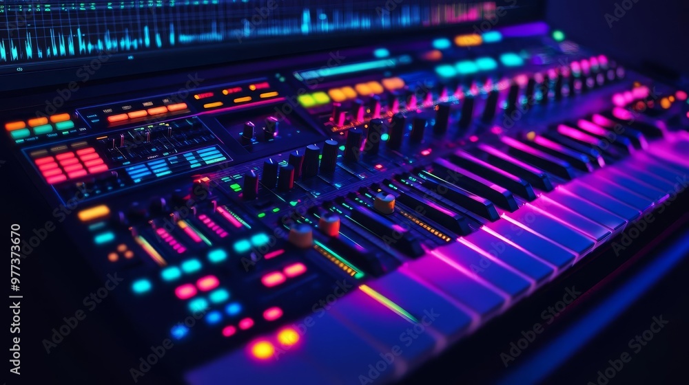Music production software UI, dark mode with neon accents, customizable track layout, intuitive control knobs and sliders, sleek design Music production software UI, dark mode with neon accents, customizable track layout, intuitive control knobs and sliders, sleek design