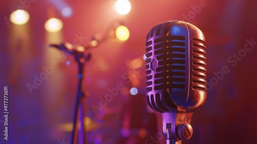 Retro-style microphone on a stage with blurred lights in the background. Music and performance concept.