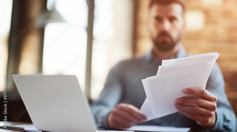 Man sitting at a desk with a stack of papers, reflecting financial stress and national debt. Man sitting at a desk with a stack of papers, reflecting financial stress and national debt.