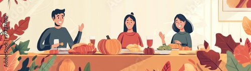 Colorful autumn dinner scene featuring friends enjoying a festive meal with pumpkins and fall decor.