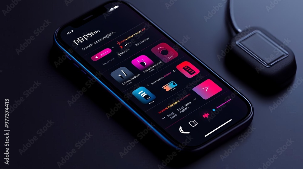 Podcast app UI, dark theme, gradient highlights, playlist management, and easy playback controls Podcast app UI, dark theme, gradient highlights, playlist management, and easy playback controls